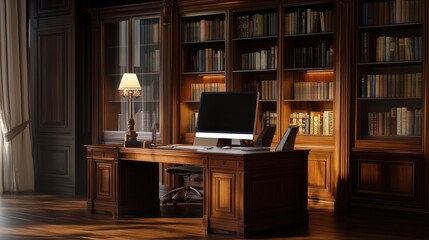 Luxurious library office interior with wooden desk and shelves, perfect for a magazine or website