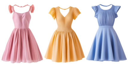 Pink, yellow and blue dresses with frilled sleeves on transparent background
