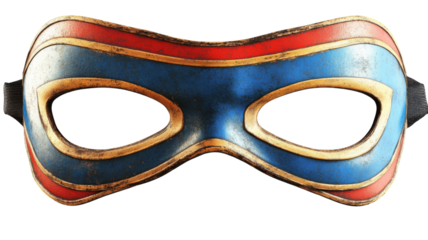 Blue and red superhero mask with golden stripes on transparent background