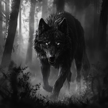 Big Bad Wolf. Fantasy Illustration of Wild Black Wolf in Artistic Style