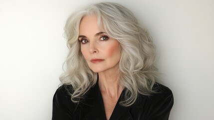 Fototapeta premium Elegant woman with flowing silver hair and confident gaze against a soft neutral background