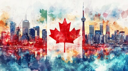 City Colorful Watercolor Scene Resolution Glowing Flag