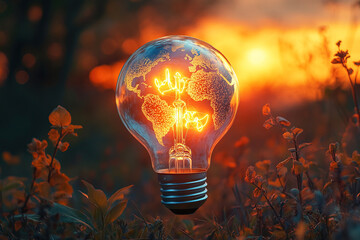 Light bulb shaped like planet Earth illuminates nature in vibrant colors during sunset