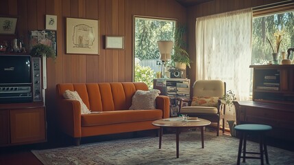 A Nostalgic Glimpse Into A Sun-drenched 70s Living Room, Warm Orange Sofa Inviting Quiet Moments, Soft Light Filtering Through Sheer Curtains