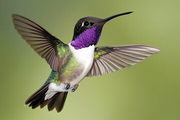 Fototapeta premium Black-Chinned Hummingbird Searching for Nectar Among Blue Flowers. Flying and Hovering Male with Vibrant Violet and Green Throat