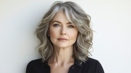 Naklejka premium Elegant middle-aged woman with beautiful wavy gray hair and timeless style poses against a neutral background