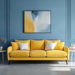 A vibrant living room featuring a modern yellow sofa adorned with decorative pillows. a sleek coffee table. and an abstract painting. set against a teal wall for a stylish ambiance