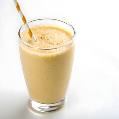 Banana smoothie in glass on white background