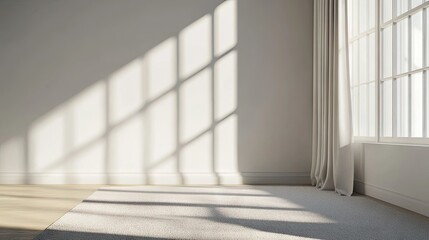 Obraz premium A serene and minimalist interior space featuring soft curtains and natural light filtering through large windows. creating a peaceful atmosphere ideal for relaxation or meditation