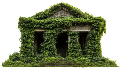 Abandoned neoclassical building covered by climbing plants with transparent background