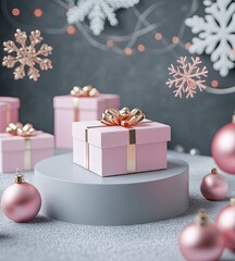 A whimsical arrangement of floating gift boxes adorned with pink ribbons against a soft blue background. creating a festive atmosphere with decorative snowflakes and ornaments