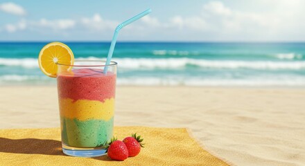 Obraz premium Colorful layered smoothie on beachfront with straw and orange slice