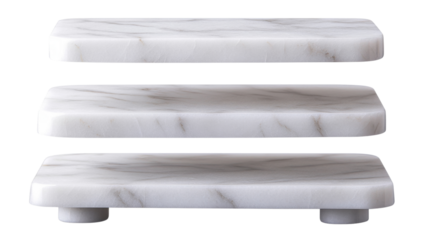 Three empty marble shelves with rounded edges on transparent background