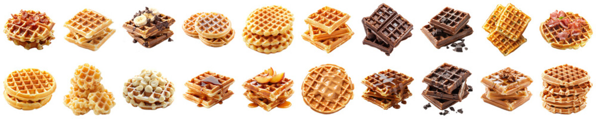 A Delightful Collection of Mouthwatering Waffles with Various Toppings and Textures Ideal for Dessert or Breakfast Inspiration. Piquant food set.