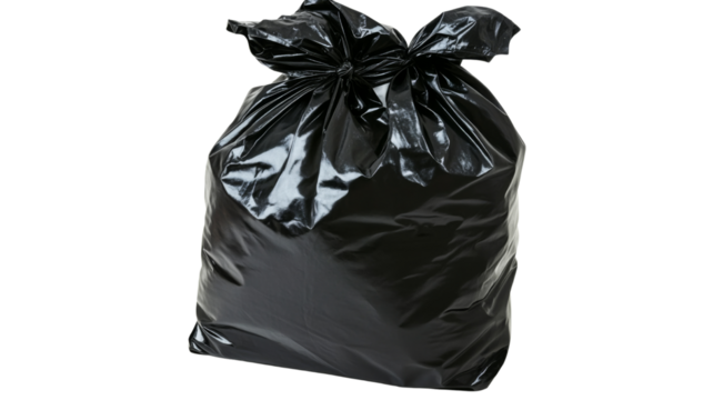 Black plastic trash bag tied and full on transparent background