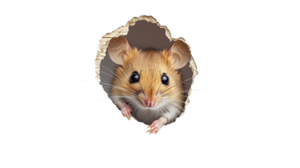 Cute mouse peeking through torn paper hole with transparent background
