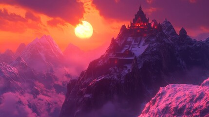 Fantasy Mystical Mountain View Vibrant Landscape Temple