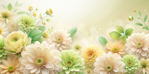 Vintage Floral Background, Pale Soft Colors, Green Yellow Beige, Delicate Flowers, Retro Photography