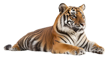 Fototapeta premium Majestic tiger lying down, isolated on transparent background