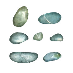 Set of watercolor illustrations, sea pebbles of gray and blue colors, stones with veins hand-drawn with watercolors. Suitable for design of postcards, invitations, printing on fabric, paper.