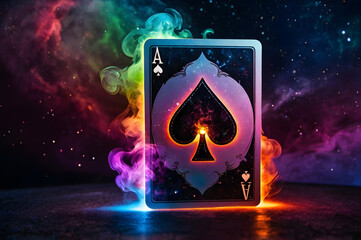 Vibrant Ace of Spades poker card surrounded by neon fire and smoke floating in a cosmic galaxy with glowing embers and swirling stars
