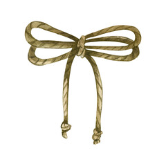 A simple bow made of twine, brown rope on a marine theme, all elements are hand-painted with watercolors. Watercolor illustration. For decorating invitations, cards and printing on paper, fabric.