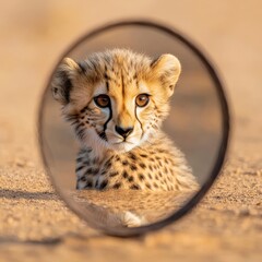 A cheetah cub staring curiously at its own reflection in a digital mirror.