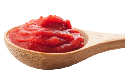 Wooden spoon showing delicious red tomato paste on transparent background