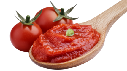 Wooden spoon showing delicious tomato paste with fresh tomatoes and basil on transparent background