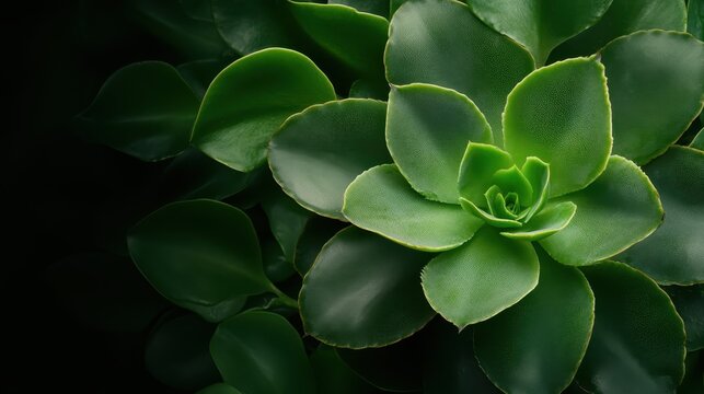 An appealing succulent plant viewed from above, with layered green leaves that create a captivating focal point against a dark, contrast-rich backdrop emphasizing its beauty.