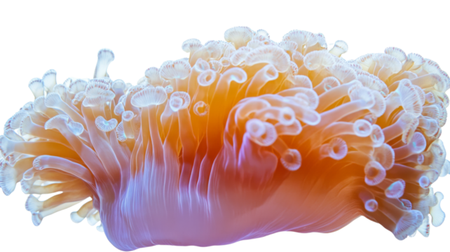 Orange coral polyps showing transparent body and tentacles with white tips on transparent background