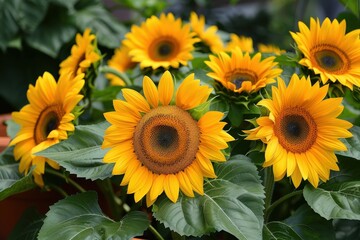 Fototapeta premium A bunch of yellow sunflowers are in a pot