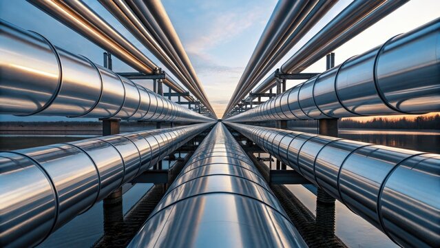 Pipelines extend towards the horizon in a modern industrial landscape at sunset