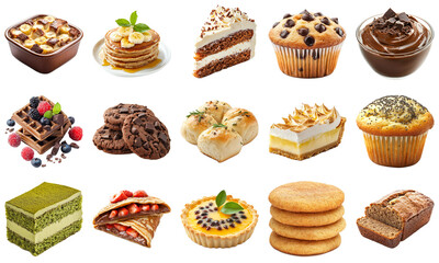 Delicious Assortment of Baked Goods Including Cakes, Cookies, Pastries, and Desserts Perfect for Any Bakery Showcase or Sweet Treat Collection. Piquant food set.