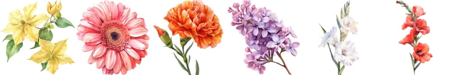 Vibrant Collection of Various Blooms Featuring Yellow, Pink, Orange, Purple, and White Flowers Displayed on a Transparent Background