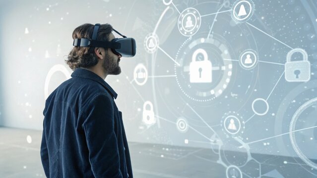 Man wearing virtual reality headset experiencing a futuristic world in a digital environment of immersive technology