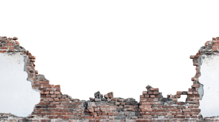 Broken brick wall with transparent background revealing destruction and decay