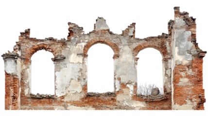 Crumbling brick wall with arched openings on transparent background