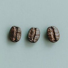 Three Roasted Coffee Beans Resting on a Pale Green Surface