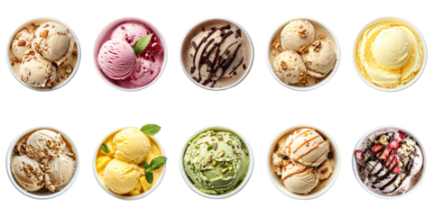 Colorful Assortment of Creamy Ice Cream Flavors Highlighted in Bowls with Various Toppings and Garnishes for Dessert Lovers. Piquant food set.