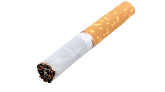 Lit cigarette with orange filter on transparent background