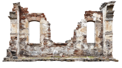 Crumbling facade of ruined building with transparent background