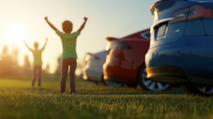 Children joyfully stretch near parked electric vehicles at sunset