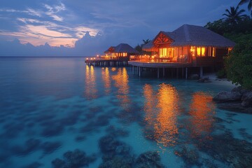 Fototapeta premium Stunning night view of Maldives with luxury overwater bungalow, tropical beach hut, reflection in calm waters, and vibrant palm trees. Cinematic lighting and epic wide shot.
