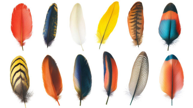 Colorful bird feathers showing different patterns and textures on transparent background