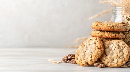 This heartwarming image features a stack of artisan oatmeal cookies surrounded by grains, showcasing the wholesome ingredients and inviting rustic vibe of homemade treats.