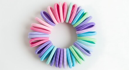 Obraz premium Colorful pastel hair ties arranged in a perfect circular shape on a white background.