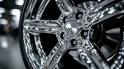 Close-up of a shiny, chrome alloy wheel with intricate spokes and a central cap