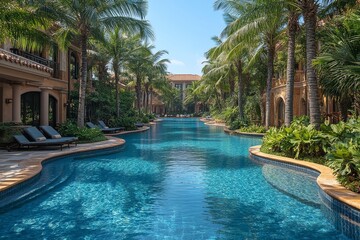 Obraz premium Beach Resort Hotel Pool in Hainan Surrounded by Palm Trees with Clear Blue Water. Wide-Angle View Captures Lush Greenery and Harmonious Scenery.
