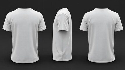 Three white blank t shirts displayed on dark gray background